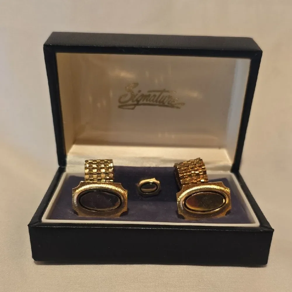 Mens's Vintage Mesh Wrap Cuff Links & Tie Tack Pin 